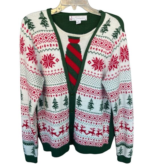 Jolly Sweaters Christmas Sweater Mens Large Ugly Faux Cardigan Festive Holiday - Picture 1 of 10